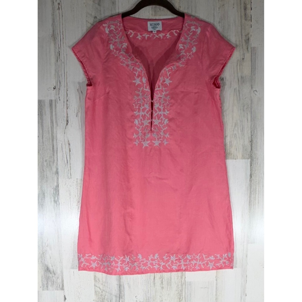 HIHO Linen Tunic Shift Dress Small Pink Embroidered Starfish Coral Coastal Beach